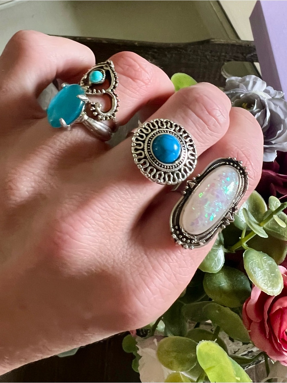 Western Boho Silver Turquoise and Opal Statement Rings - Wild Wild West Ring Set